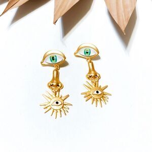 Gold Eye & Sun Dangle Earrings with Green Accent
